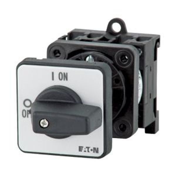 On-Off switch, P1, 25 A, rear mounting, 3 pole, 2 N/O, 2 N/C, STOP function, with black thumb grip and front plate image 2