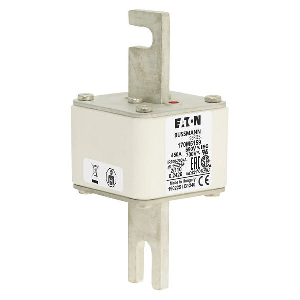 Fuse-link, high speed, 450 A, AC 690 V, DIN 2, 61 x 61 x 108 mm, aR, DIN, IEC, single indicator, 110 mm centres image 7