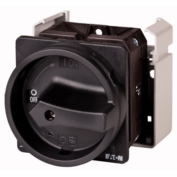 Main switch, T5B, 63 A, flush mounting, 4 contact unit(s), 6 pole, 1 N/O, 1 N/C, STOP function, With black rotary handle and locking ring, Lockable in image 1