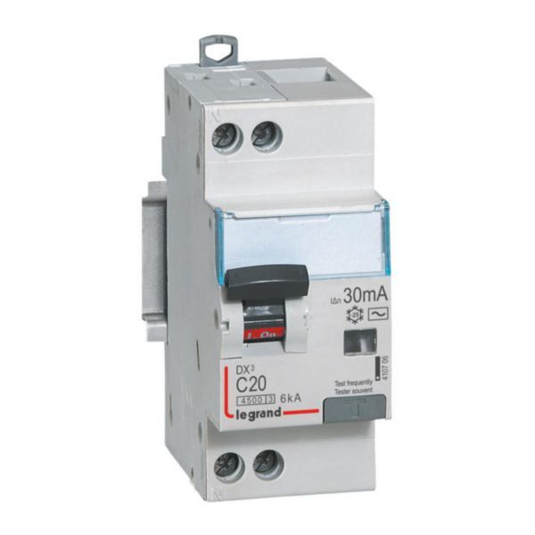 Differential circuit breaker DX³4500 high inlet and low outlet screw U+N 230V~ - 20A typeAC 30mA - curve C - 2 modules image 1