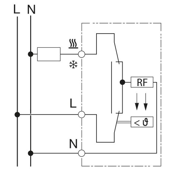 UP room controller, RAL9010 glossy 50x50, 5-30C, AC 230V, 1CO, 10A/5A, heating/cooling switch image 3