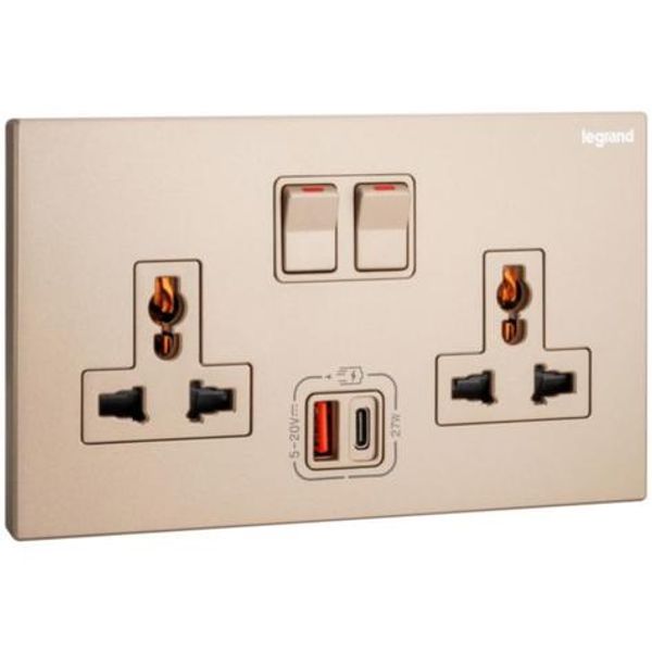 Galion - 2 gangs multistandard switched socket outlets - with USB A+C 27W charger - Rose Gold image 1