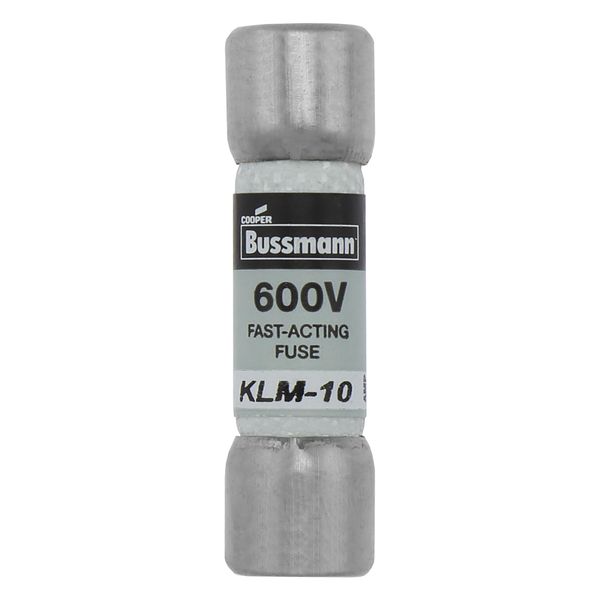 Eaton Bussmann series KLM fuse, 600 Vac, 600 Vdc, 10A, 100 kAIC at 600 Vac, 50 kAIC at 600 Vdc, Non Indicating, Fast acting, Ferrule end X ferrule end, Melamine tube, Nickel-plated bronze endcap image 1