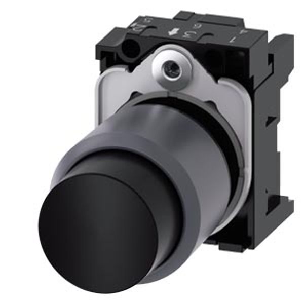 Pushbutton, compact, with extended stroke (12 mm), 22 mm, round, plastic with metal  3SU1230-0FB10-0AA0 image 1