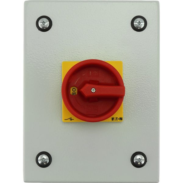 Main switch, P1, 40 A, surface mounting, 3 pole + N, Emergency switching off function, With red rotary handle and yellow locking ring, Lockable in the image 1