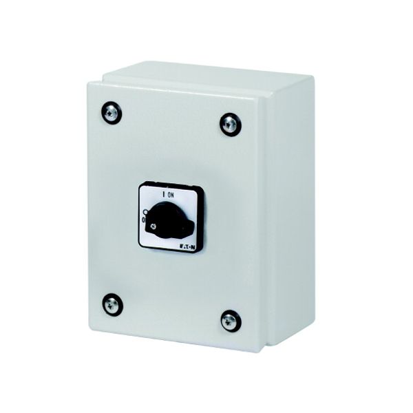 On-Off switch, P1, 25 A, 3 pole + N, surface mounting, with black thumb grip and front plate, in steel enclosure image 3