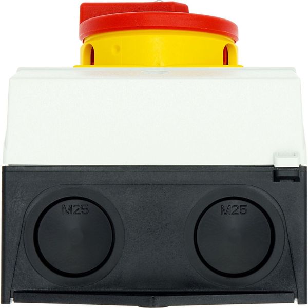 Main switch, T3, 32 A, surface mounting, 4 contact unit(s), 6 pole, 2 N/O, Emergency switching off function, With red rotary handle and yellow locking image 35