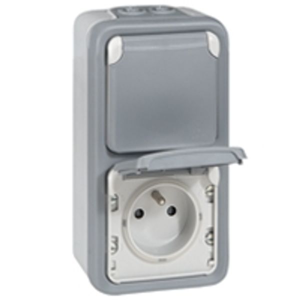 Plexo socket 2 x 2P + T with shutter (vertical) - 10/16 A - 250 V - grey - complete device - 10 A - IP 55 image 1