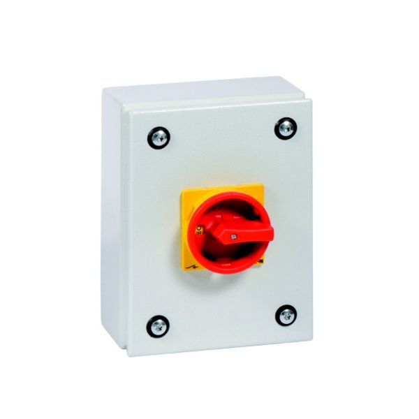 Main switch, P1, 32 A, surface mounting, 3 pole, Emergency switching off function, With red rotary handle and yellow locking ring, Lockable in the 0 ( image 4