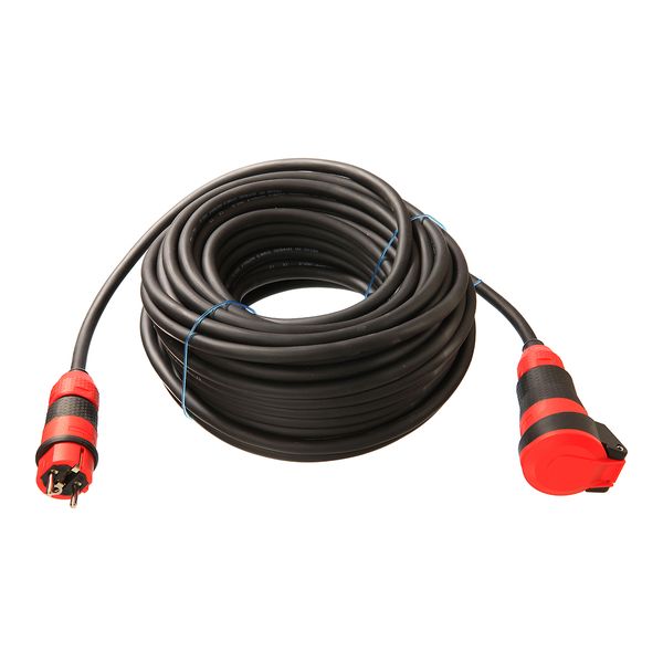 Extension cable SCHUKOultra 25m H07RN-F 3G1, 5 with SCHUKOultra II plug and coupling with voltage indicator and self-closing hinged cover in red / black 230V / 16A image 1
