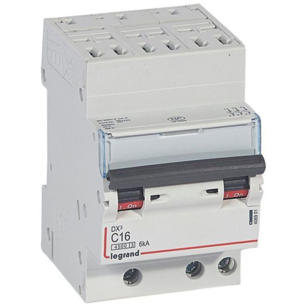 Circuit breaker DX³4500 6kA high inlet via automatic terminals low outlet via screw terminals - three-pole 400V~ 16A curve C - 3 modules image 1