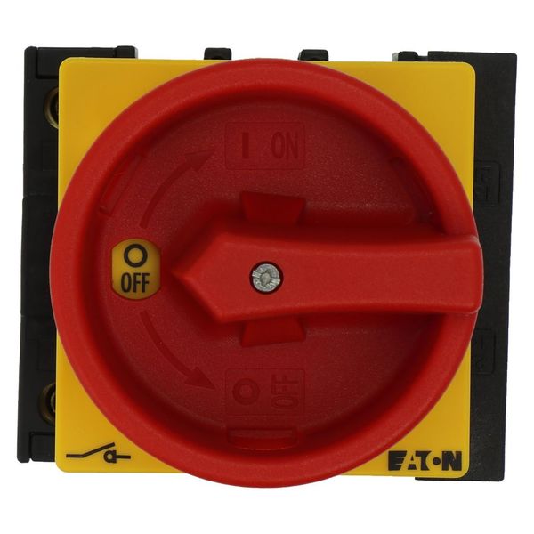 Main switch, P1, 40 A, flush mounting, 3 pole + N, 1 N/O, 1 N/C, Emergency switching off function, With red rotary handle and yellow locking ring, Loc image 17