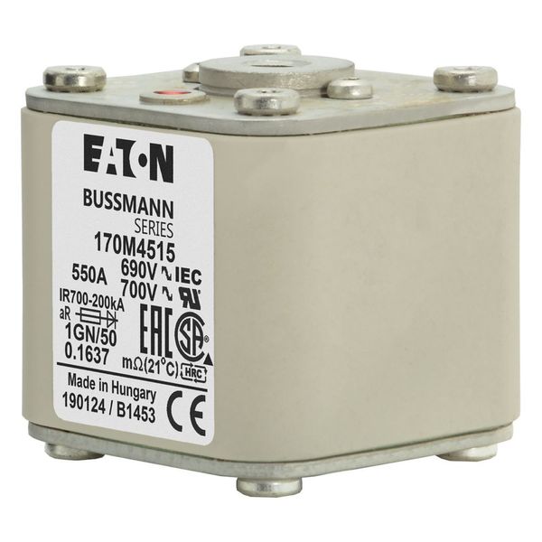 Fuse-link, high speed, 550 A, AC 690 V, size 1, 53 x 69 x 51 mm, aR, IEC, UL, single indicator, flush end, 18 UNC image 16