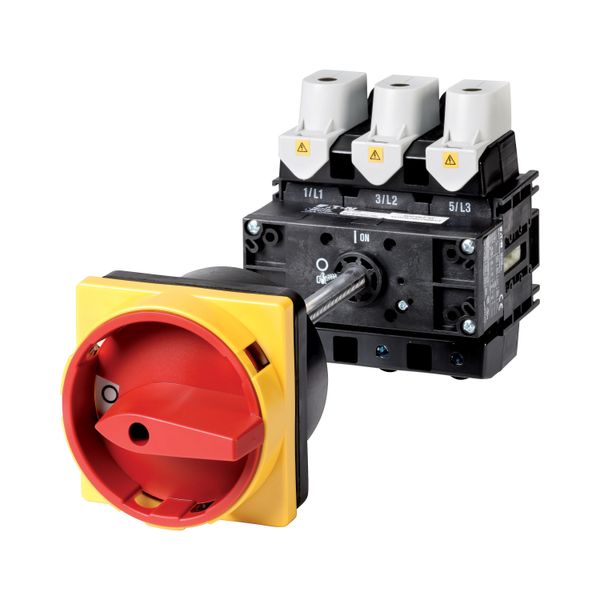 Main switch, P5, 160 A, rear mounting, 3 pole + N, Emergency switching off function, With red rotary handle and yellow locking ring, Lockable in the 0 image 2