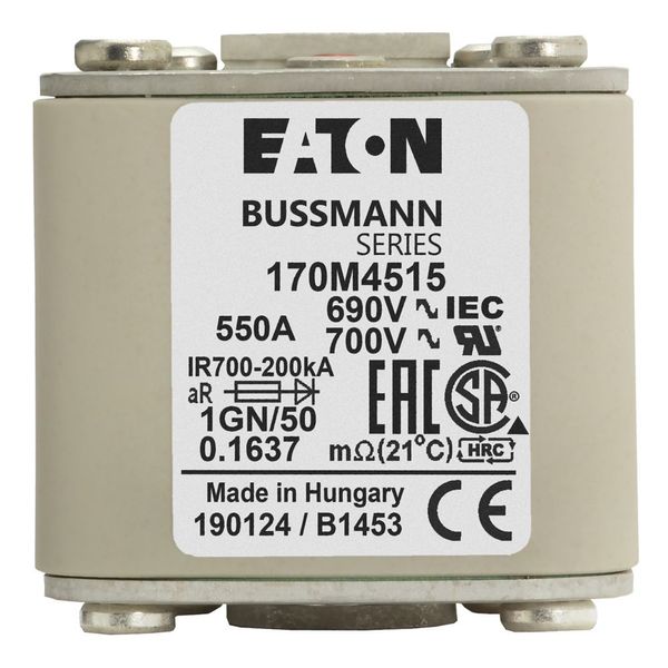 Fuse-link, high speed, 550 A, AC 690 V, size 1, 53 x 69 x 51 mm, aR, IEC, UL, single indicator, flush end, 18 UNC image 3