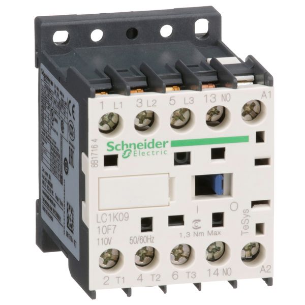 TeSys K contactor, 3P, AC-3 440V 9 A, 1NO aux., 110V AC coil image 1
