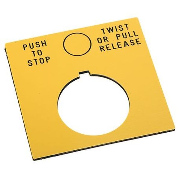 Allen-Bradley, 800T-X647Y, 800T Legend PlatePush-To-Stop/Twist or Pull Release, Yellow image 1