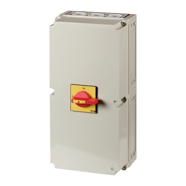 Main switch, T8, 315 A, surface mounting, 3 contact unit(s), 6 pole, 1 N/O, 1 N/C, Emergency switching off function, With red rotary handle and yellow image 6