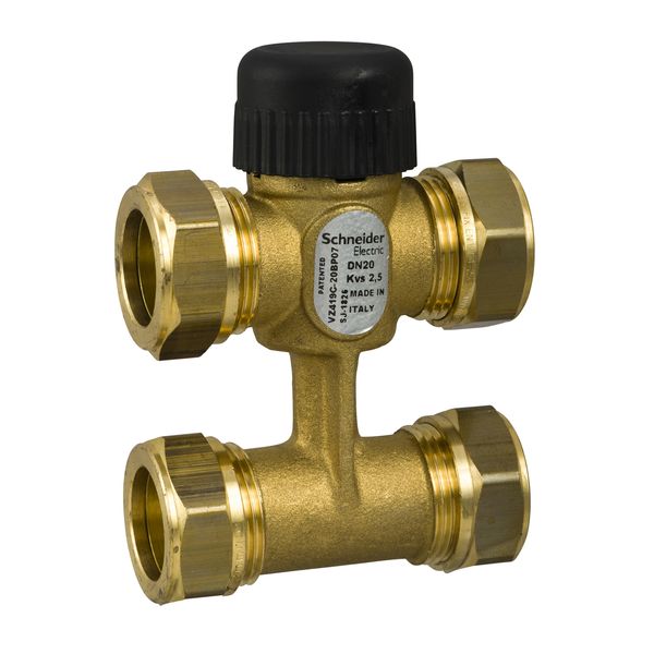 VZ419C Zone Valve, 3-Way with Bypass, PN16, DN20, 22mm O/D Compression, Kvs 2.5 m³/h, M30 Actuator Connection, 5.5 mm Stroke, Stem Up Closed image 1
