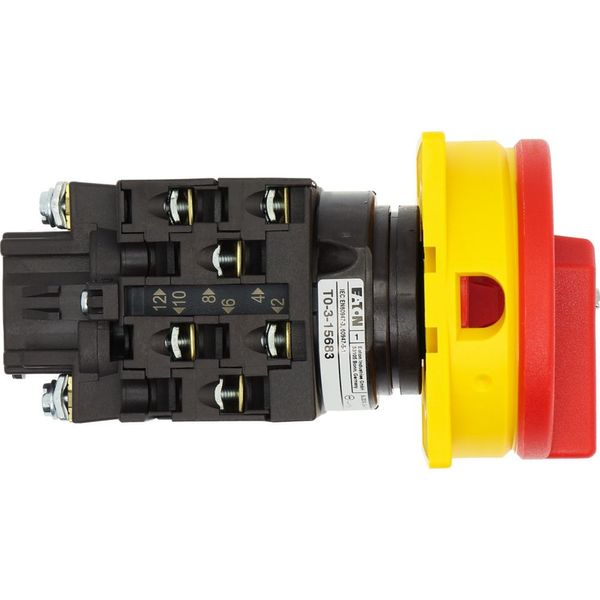 Main switch, T0, 20 A, flush mounting, 3 contact unit(s), 3 pole, 2 N/O, 1 N/C, Emergency switching off function, With red rotary handle and yellow lo image 39