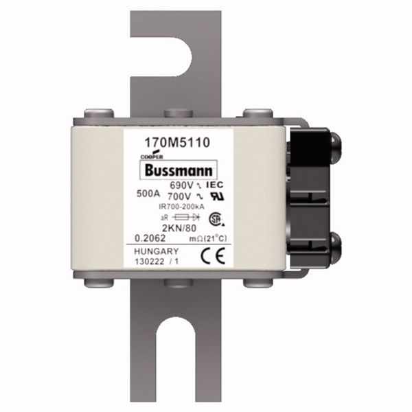 Fuse-link, high speed, 500 A, AC 690 V, DIN 2, 61 x 77 x 108 mm, aR, DIN, IEC, single indicator image 1