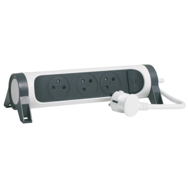 Multiple socket extension with rotating block of 3 2P+E Surface sockets, switch and cord length 1.5m - white and dark gray image 1