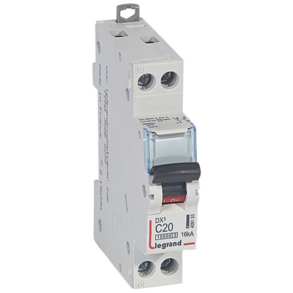 DX³10000 16kA high inlet and low outlet U+N screw circuit breaker 230V~ - 20A - curve C - 1 module image 1