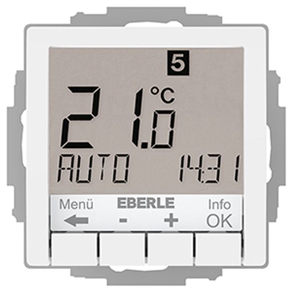 Clock thermostat as a room controller, RAL9016 glossy 55x55, AC 230V, 1 changeover contact, heating 5(2) A, cooling 1(1) A, white backlighting image 2