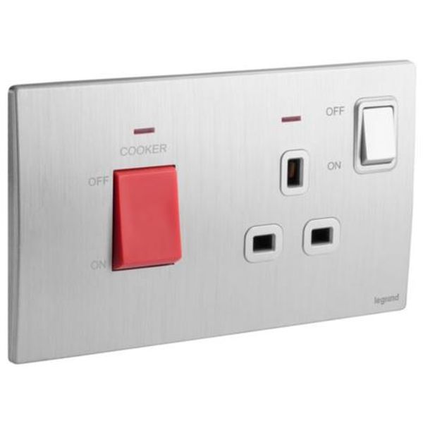 Mallia Senses - 2 gang cooker unit control - 45A - with BS socket outlet - 13A - Brushed Aluminium image 1