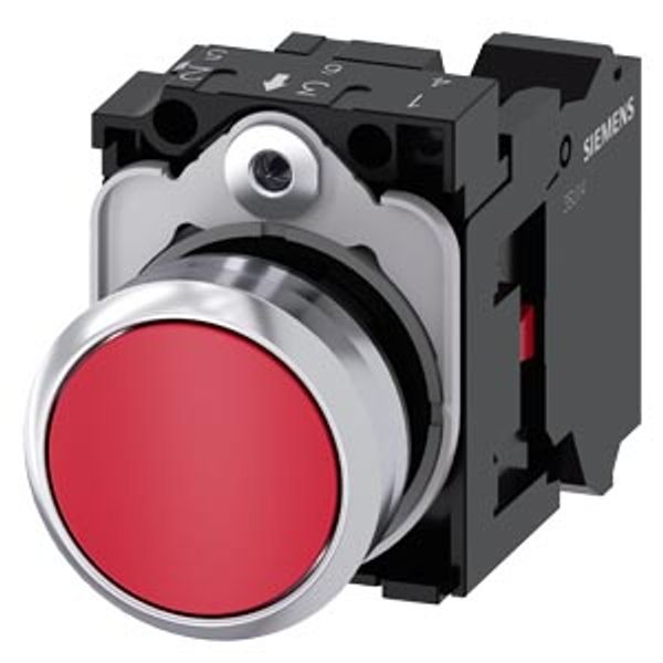 Pushbutton, 22 mm, round, metal, shiny, red, pushbutton, flat, momentary contact type, with holder,  3SU1150-0AB20-3CA0-Z Y13 image 2