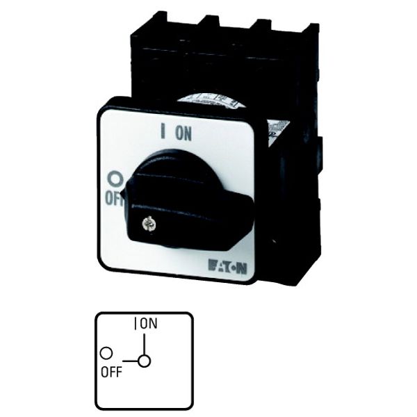 On-Off switch, P1, 25 A, centre mounting, 3 pole + N, 1 N/O, 1 N/C, with black thumb grip and front plate image 1