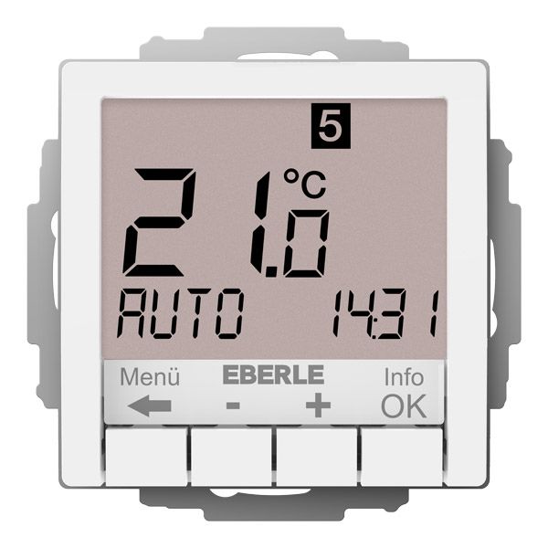 Concealed clock thermostat as a room controller, RAL9016 glossy 55x55, AC 230V, 1NO contact, 10 A, white backlighting image 1