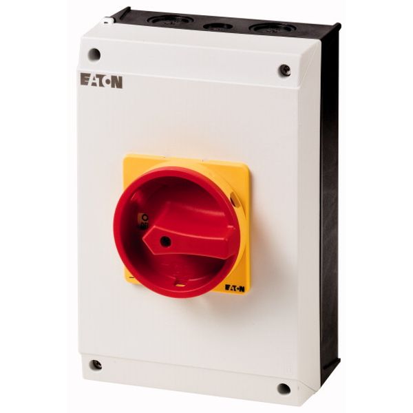 Main switch, T5B, 63 A, surface mounting, 4 contact unit(s), 6 pole, 2 N/O, Emergency switching off function, With red rotary handle and yellow lockin image 1