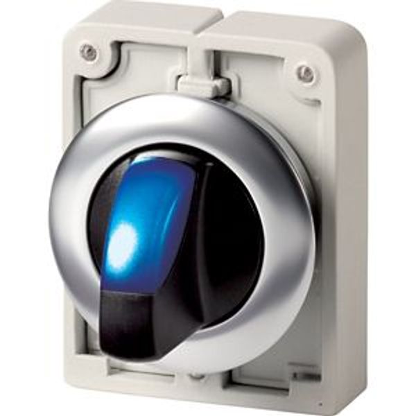 Illuminated selector switch actuator, RMQ-Titan, with thumb-grip, momentary, 3 positions, Blue, Front ring stainless steel image 1