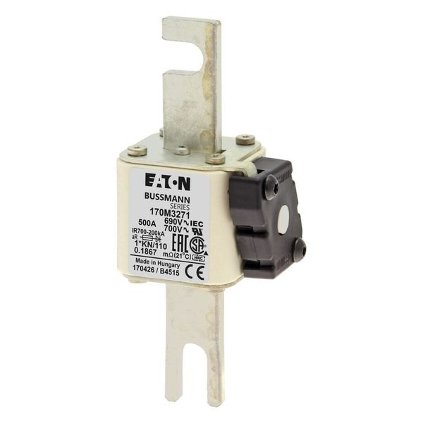 Fuse-link, high speed, 500 A, AC 690 V, compact DIN 1, 45 x 58 x 134 mm, aR, DIN, IEC, type K indicator, 110 mm centres image 5