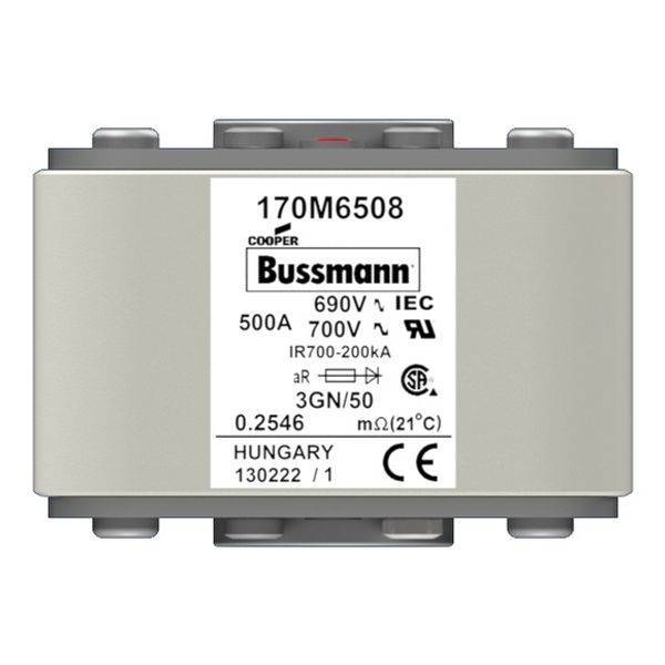 Fuse-link, high speed, 500 A, AC 690 V, size 3, 76 x 92 x 53 mm, aR, IEC, UL, single indicator image 6