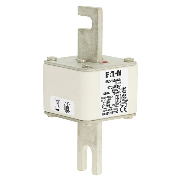 Fuse-link, high speed, 550 A, AC 690 V, DIN 2, 61 x 61 x 108 mm, aR, DIN, IEC, single indicator, 110 mm centres image 17