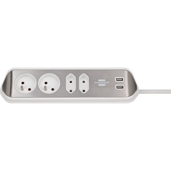 brennenstuhl®estilo corner socket strip with USB charging function 4-way 2x earthed socket & 2x Euro silver/white *BE* image 1