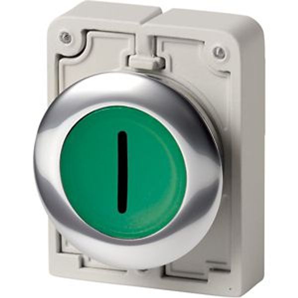 Illuminated pushbutton actuator, RMQ-Titan, Flat, maintained, green, inscribed, Metal bezel image 2