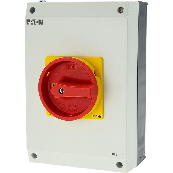 Main switch, T5B, 63 A, surface mounting, 4 contact unit(s), 6 pole, 1 N/O, 1 N/C, Emergency switching off function, With red rotary handle and yellow image 44