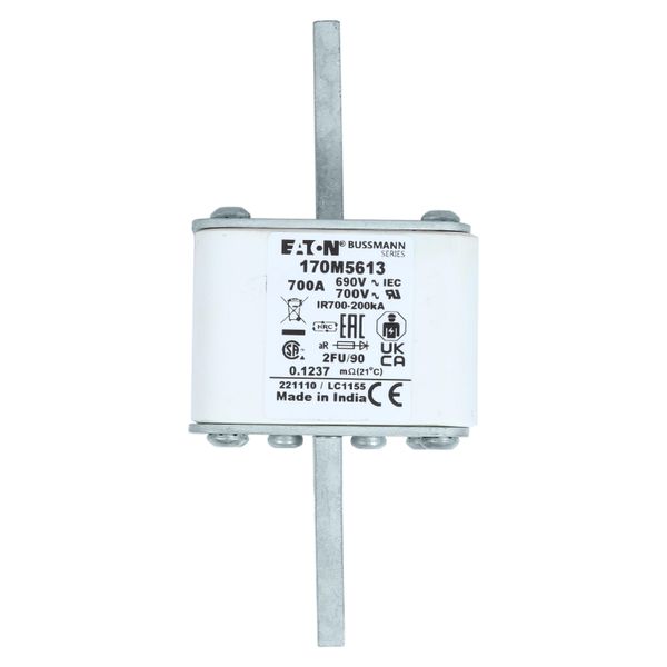 Fuse-link, high speed, 700 A, AC 690 V, size 2, 61 x 77 x 135 mm, aR, IEC, UL, no indicator, 90 mm centres image 30