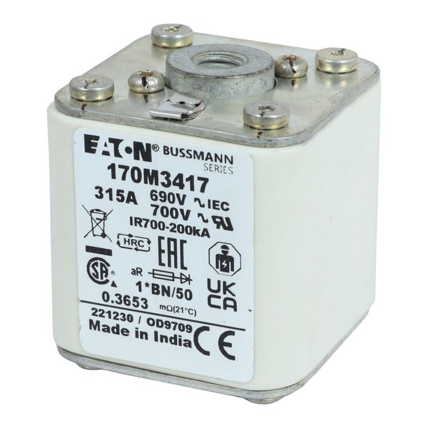 Fuse-link, high speed, 315 A, AC 690 V, compact size 1, 45 x 59 x 51 mm, aR, IEC, UL, single indicator, flush end, M8 image 13