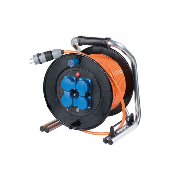 Hardrubber cable reel  290mmO50m H07BQ-F 3G1,5 orange with Schuko-Ultra plug4 Schuko sockets, 230V/16A with hinged lids,Thermal cut-out230V/16A/max. 3500WIP44 image 1