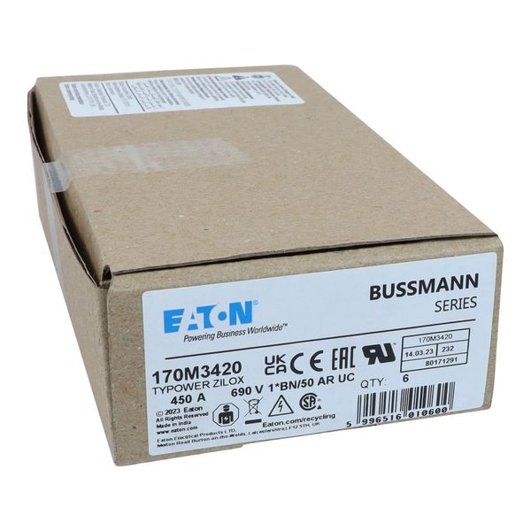 Fuse-link, high speed, 450 A, AC 690 V, compact size 1, 45 x 59 x 51 mm, aR, IEC, UL, single indicator image 1