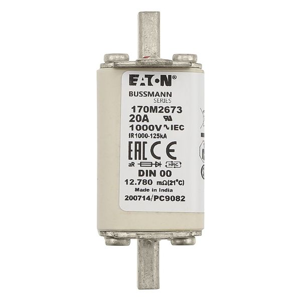 Fuse-link, high speed, 20 A, AC 1000 V, DIN 00, aR, DIN, IEC, single indicator, live gripping lugs image 22