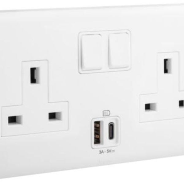 Eloe - 2 gang British Standard 13A single pole switched socket + USB A+C - White image 1