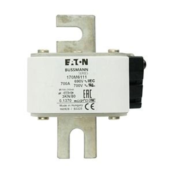 Fuse-link, high speed, 700 A, AC 690 V, DIN 3, 76 x 92 x 109 mm, aR, DIN, IEC, single indicator image 4