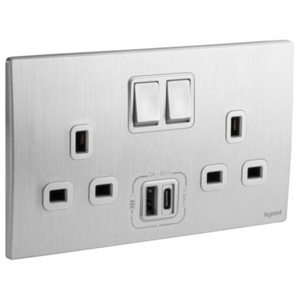 281136BA Mallia Senses 2 gang BS switched socket outlet single pole - 13A - with 3000mA A and C types USB chargers image 1