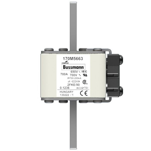 Fuse-link, high speed, 700 A, AC 690 V, size 2, 61 x 77 x 135 mm, aR, IEC, UL, type K indicator, 90 mm centres image 2