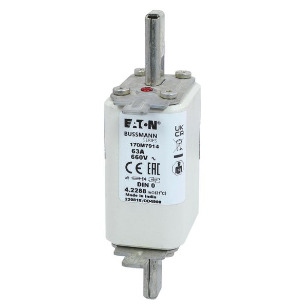 Fuse-link, high speed, 63 A, AC 660 V, DIN 0, aR, DIN, IEC, single indicator, live gripping lugs image 5